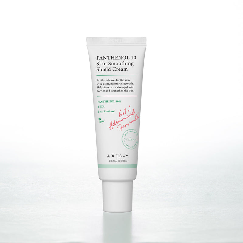 AXIS-Y Panthenol 10 Skin Smoothing Shield Cream 50ml by ProtoClinical shown in a detailed skincare product visual on a clean background, highlighting the branded cream packaging for a k-beauty routine.