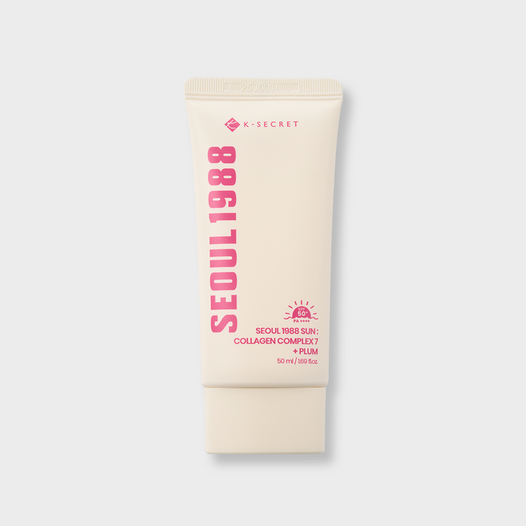 ProtoClinical k-beauty K-SECRET SEOUL 1988 SUN : COLLAGEN COMPLEX 7 + PLUM 50ml product packaging on a light background.