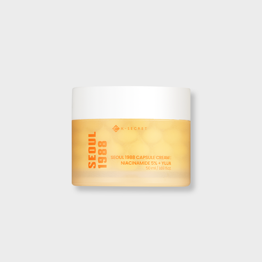 ProtoClinical k-beauty K-SECRET SEOUL 1988 CAPSULE CREAM : NIACINAMIDE 5% + YUJA 50ml product jar graphic on a pale blue background.