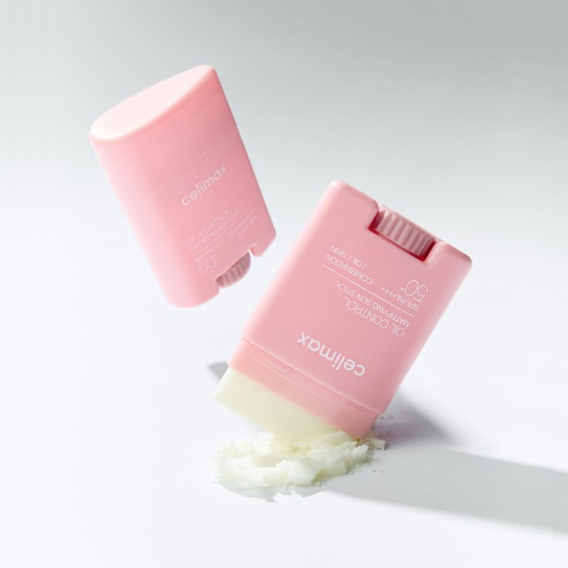 ProtoClinical k-beauty celimax Oil Control Mattifying Sun Stick SPF50+ PA++++ 19g single upright pink sun stick centered on a pale mint and white background