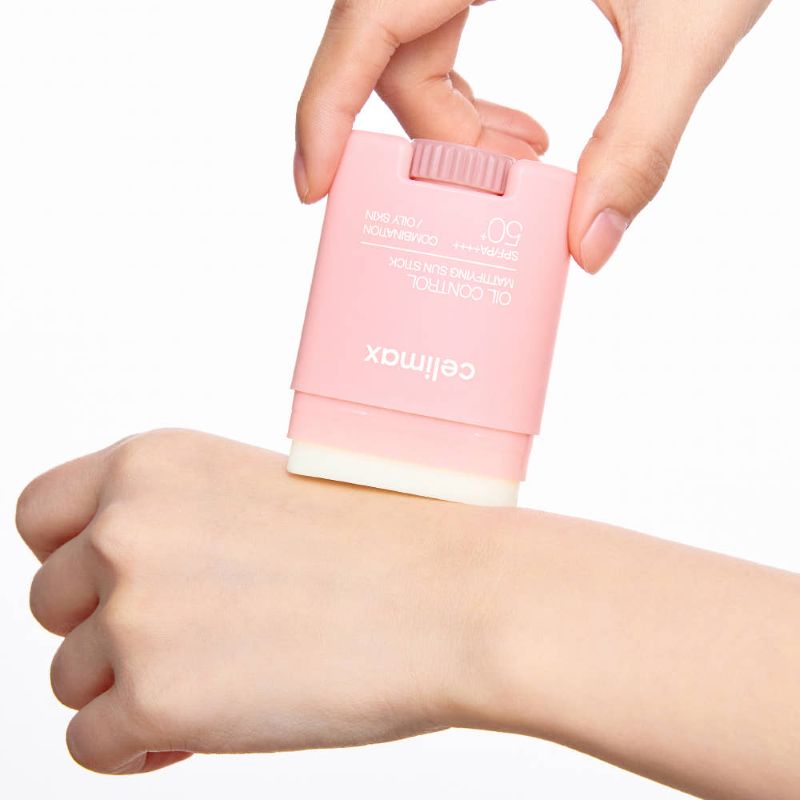 ProtoClinical k-beauty celimax Oil Control Mattifying Sun Stick SPF50+ PA++++ 19g single upright pink sun stick centered on a pale mint and white background.
