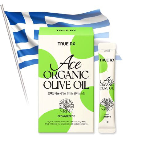 ProtoClinical k-beauty [TRUE RX] ACE Organic Olive Oil 100% 7g X 14ea as a single green and yellow rectangular package centered on a white background with pale side shading