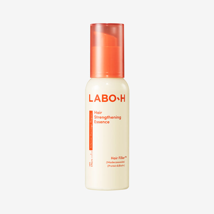ProtoClinical k-beauty LABO-H Hair Strengthening Essence 75ml as a single upright light beige essence bottle centered on a clean white background with soft blue side accents