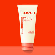 ProtoClinical k-beauty LABO-H Hair Strengthening Treatment 300ml as a single upright pale treatment container centered on a vivid red background with darker side shading
