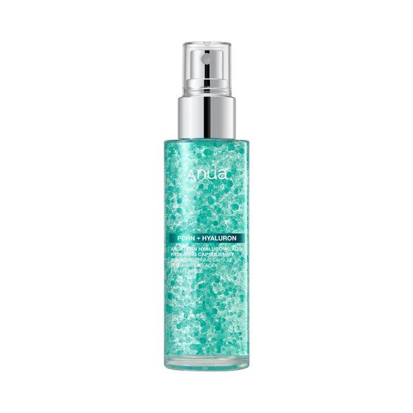 ProtoClinical k-beauty Anua PDRN Hyaluronic Acid Hydrating Capsule Mist 100ml upright clear spray bottle filled with turquoise capsules centered on a white background
