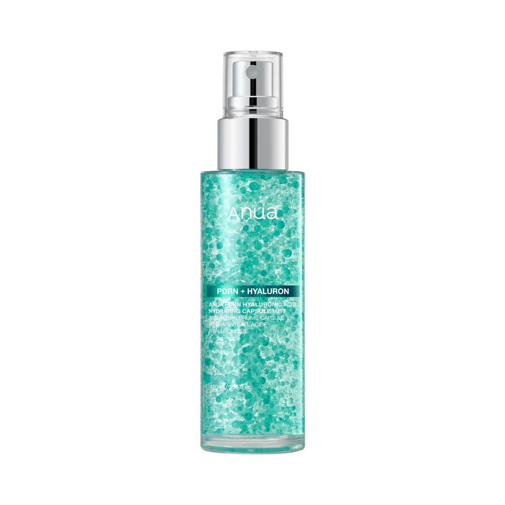 ProtoClinical k-beauty Anua PDRN Hyaluronic Acid Hydrating Capsule Mist 100ml upright clear spray bottle filled with turquoise capsules centered on a white background