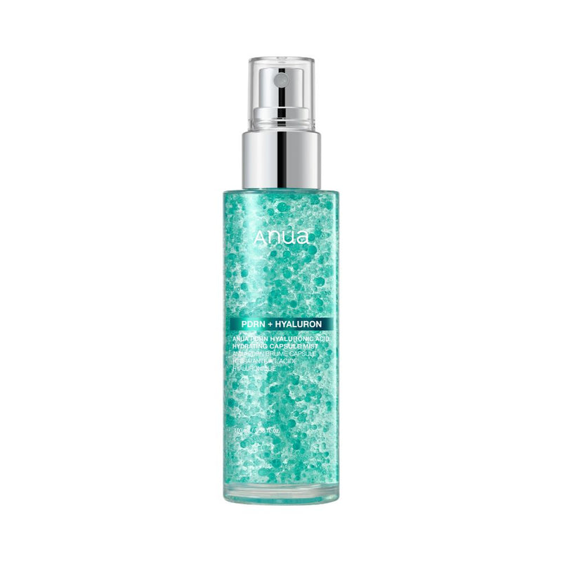 ProtoClinical k-beauty Anua PDRN Hyaluronic Acid Hydrating Capsule Mist 100ml upright clear spray bottle filled with turquoise capsules centered on a white background
