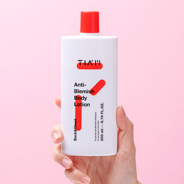 ProtoClinical k-beauty TIAM Anti-Blemish Body Lotion 200ml shown as a single centered upright body lotion package with pale green and beige tones on a light background.