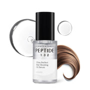 ProtoClinical k-beauty COSRX PEPTIDE-132 Ultra Perfect Hair Bonding Oil Serum 28ml in a slim dark bottle beside a matching light box on a white background
