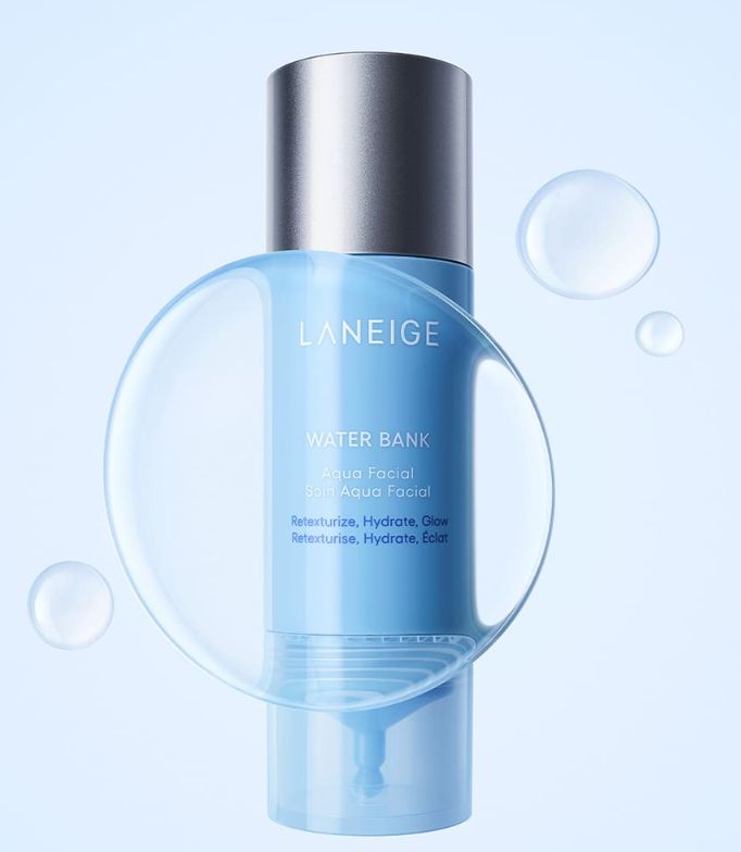 ProtoClinical k-beauty LANEIGE Water Bank Aqua Facial Serum 30ml single blue serum bottle centered on a pale blue background with light vertical side bands