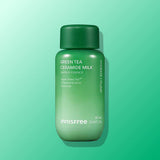 ProtoClinical k-beauty innisfree Green Tea Ceramide Milk Barrier Essence 90ml in a single dark green essence bottle centered upright on a turquoise background