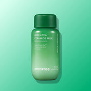 ProtoClinical k-beauty innisfree Green Tea Ceramide Milk Barrier Essence 90ml in a single dark green essence bottle centered upright on a turquoise background