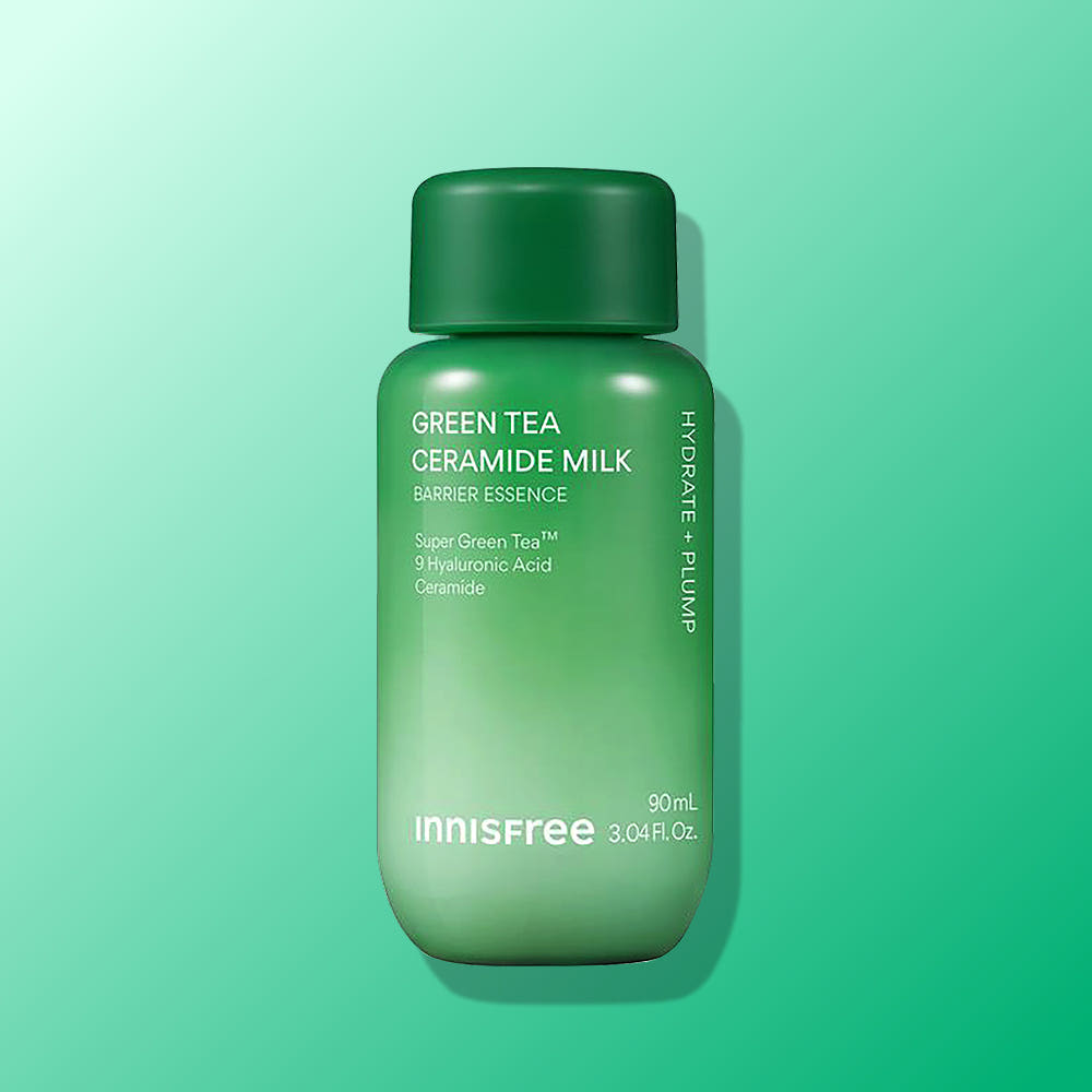 ProtoClinical k-beauty innisfree Green Tea Ceramide Milk Barrier Essence 90ml in a single dark green essence bottle centered upright on a turquoise background