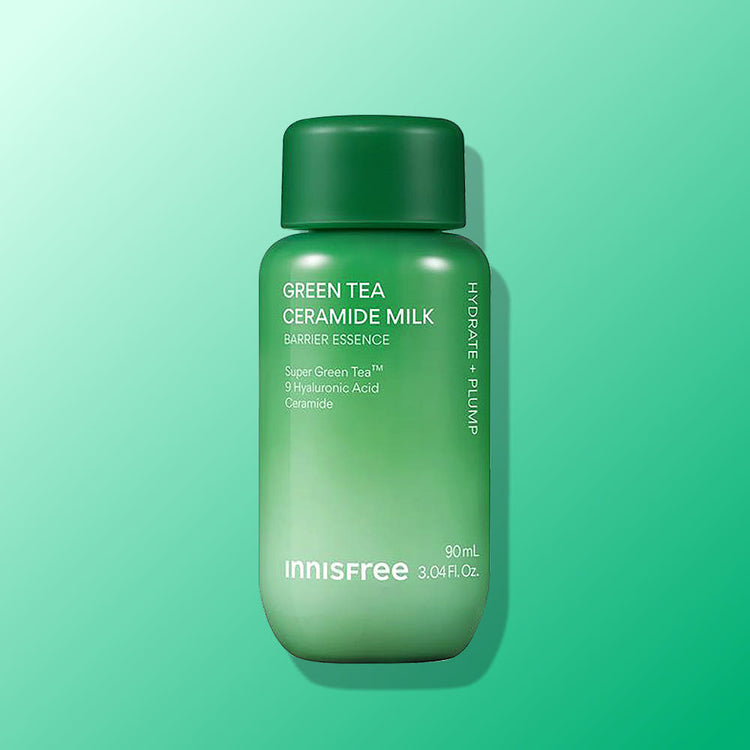 ProtoClinical k-beauty innisfree Green Tea Ceramide Milk Barrier Essence 90ml in a single dark green essence bottle centered upright on a turquoise background