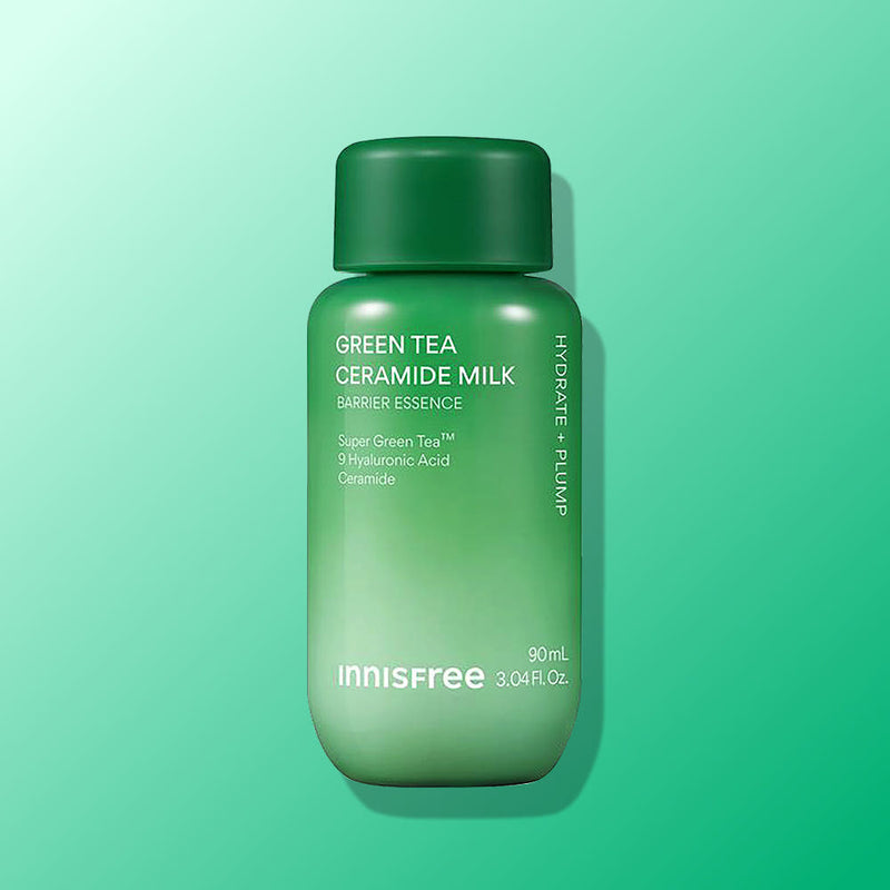 ProtoClinical k-beauty innisfree Green Tea Ceramide Milk Barrier Essence 90ml in a single dark green essence bottle centered upright on a turquoise background