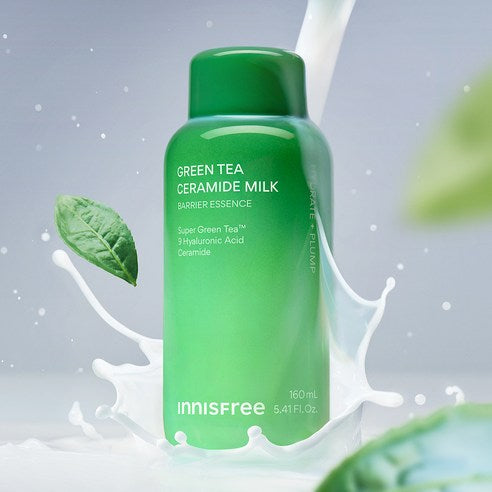 ProtoClinical k-beauty innisfree Green Tea Ceramide Milk Barrier Essence 160ml in a single green essence bottle centered upright on a white background with pale lavender side shading