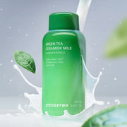 ProtoClinical k-beauty innisfree Green Tea Ceramide Milk Barrier Essence 160ml in a single green essence bottle centered upright on a white background with pale lavender side shading