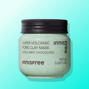 ProtoClinical k-beauty innisfree Super Volcanic Pore Clay Mask (Cool Mint Chocolate) 100ml single clay mask jar centered on a plain white background