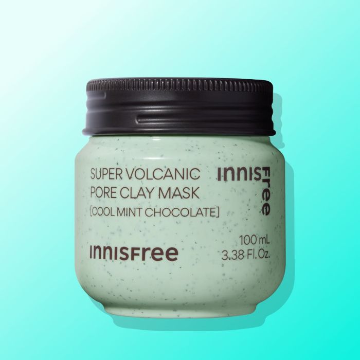 ProtoClinical k-beauty innisfree Super Volcanic Pore Clay Mask (Cool Mint Chocolate) 100ml single clay mask jar centered on a plain white background