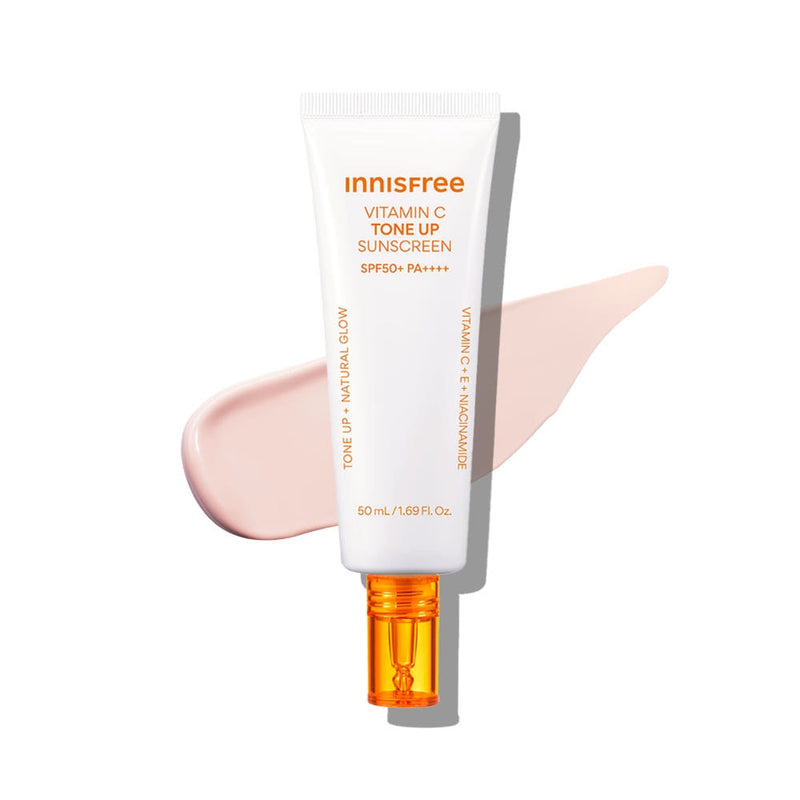 ProtoClinical k-beauty innisfree Vita C Tone Up Sunscreen SPF50+ PA++++ 50ml single upright peach sunscreen tube centered on a white background with pale blue accents