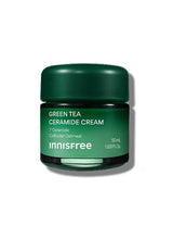 ProtoClinical k-beauty innisfree Green Tea Ceramide Cream 50ml in a single dark green cream jar centered on a white background with pale blue side shading