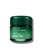 ProtoClinical k-beauty innisfree Green Tea Ceramide Cream 50ml in a single dark green cream jar centered on a white background with pale blue side shading