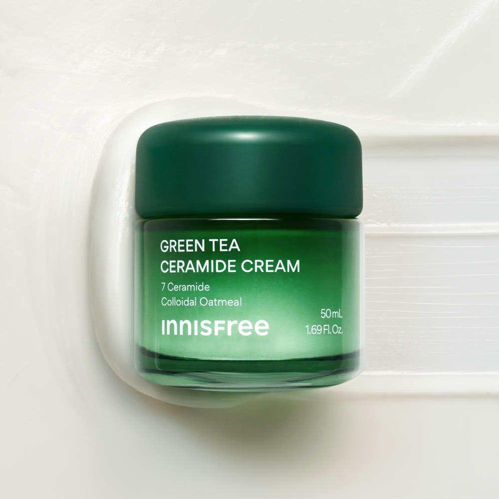 ProtoClinical k-beauty innisfree Green Tea Ceramide Cream 50ml single dark green cream jar with a matching lid centered on a light background