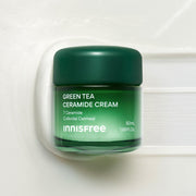 ProtoClinical k-beauty innisfree Green Tea Ceramide Cream 50ml single dark green cream jar with a matching lid centered on a light background