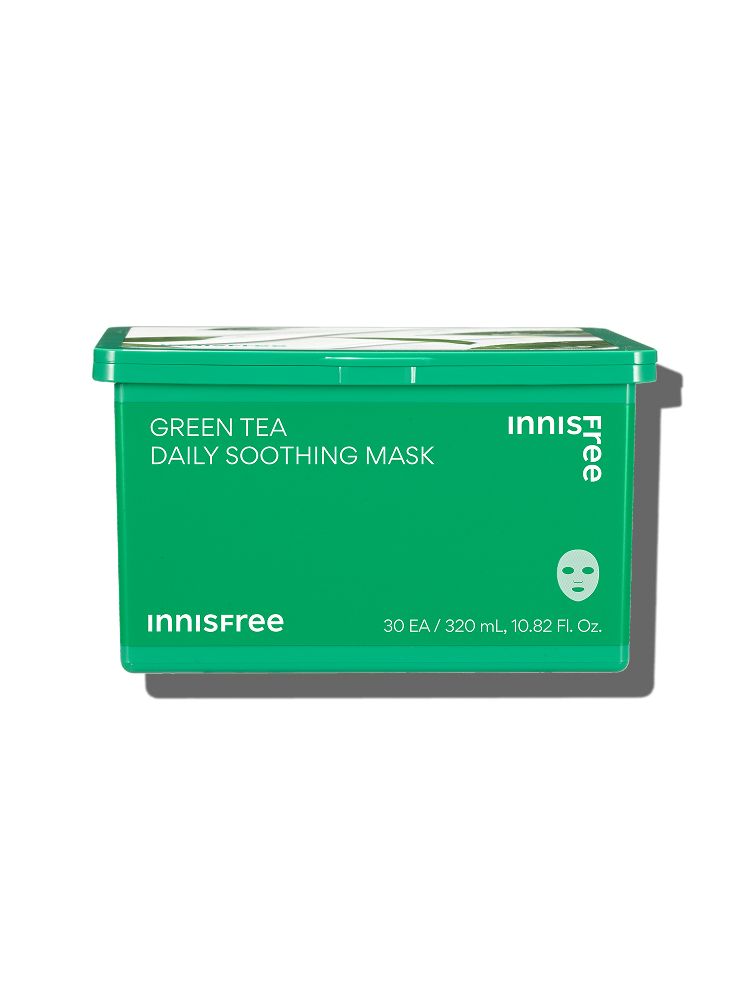 ProtoClinical k-beauty innisfree Green Tea Daily Soothing Mask 320ml/30ea tall green pouch-style package with white label blocks on a mint background