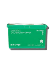 ProtoClinical k-beauty innisfree Green Tea Daily Soothing Mask 320ml/30ea tall green pouch-style package with white label blocks on a mint background