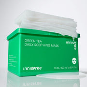 ProtoClinical k-beauty innisfree Green Tea Daily Soothing Mask 320ml/30ea green product layout with mint panels, dark center label, and white background blocks
