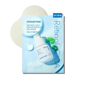 ProtoClinical k-beauty innisfree Retinol Cica Repair Ampoule Gel Mask 23ml X 5ea square mask-pack graphic with soft green packaging, pale cream tones, and a light background