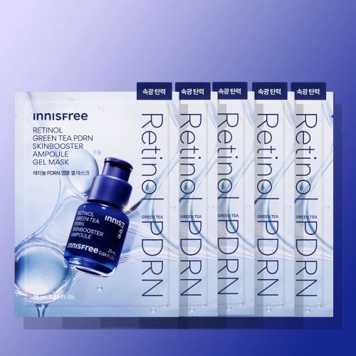 ProtoClinical k-beauty innisfree Retinol Green Tea PDRN Skinbooster Ampoule Gel Mask 25ml X 5ea square packet detail graphic with green accents, cream tones, and a clean light background