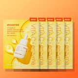 ProtoClinical k-beauty innisfree Vitamin C Green Tea Enzyme Brightening Serum Gel Mask 25ml X 5ea square packet detail graphic with green, yellow, and cream tones