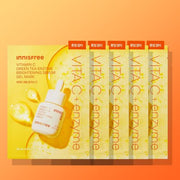 ProtoClinical k-beauty innisfree Vitamin C Green Tea Enzyme Brightening Serum Gel Mask 25ml X 5ea square packet detail graphic with green, yellow, and cream tones
