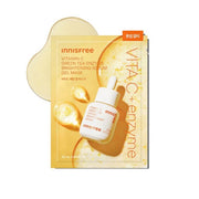 ProtoClinical k-beauty innisfree Vitamin C Green Tea Enzyme Brightening Serum Gel Mask 25ml X 5ea square mask-pack graphic with bright green and yellow packaging tones