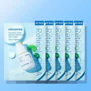 ProtoClinical k-beauty innisfree Retinol Cica Repair Ampoule Gel Mask 23ml X 5ea square packet detail graphic with green accents, pale cream tones, and a clean light background