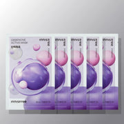 ProtoClinical k-beauty innisfree Idebenone Active Mask 25ml X 5ea square mask-pack graphic with warm yellow packaging, cream highlights, and a light background