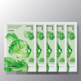 ProtoClinical k-beauty innisfree Madecassoside Active Mask 25ml X 5ea square mask-pack graphic with muted green packaging, cream tones, and a light background