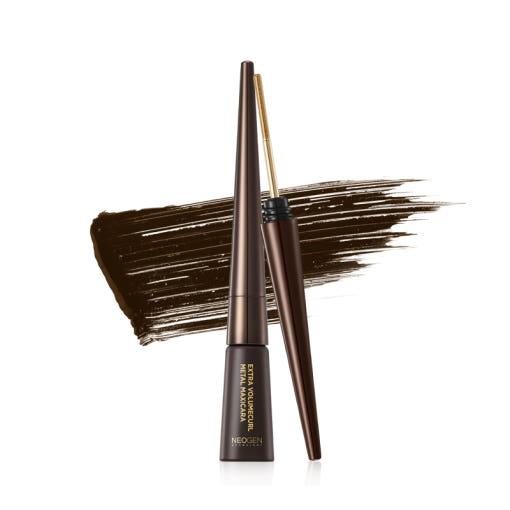 ProtoClinical k-beauty NEOGEN Volume Metal Mascara 4ml (2colors) abstract beauty graphic with a soft brown center on a pale blue-gray background.