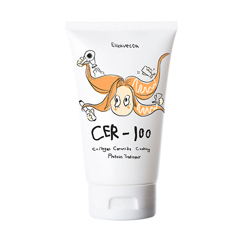 ProtoClinical k-beauty Elizavecca CER-100 Collagen Coating Hair Protein Treatment 100ml white squeeze tube with orange hair illustration standing upright on a white background