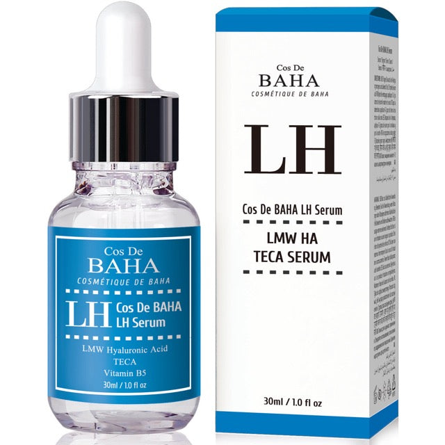 ProtoClinical k-beauty Cos De BAHA LH Low Molecular Hyaluronic Acid Serum 30ml single upright teal serum bottle centered on a pale blue and cream background
