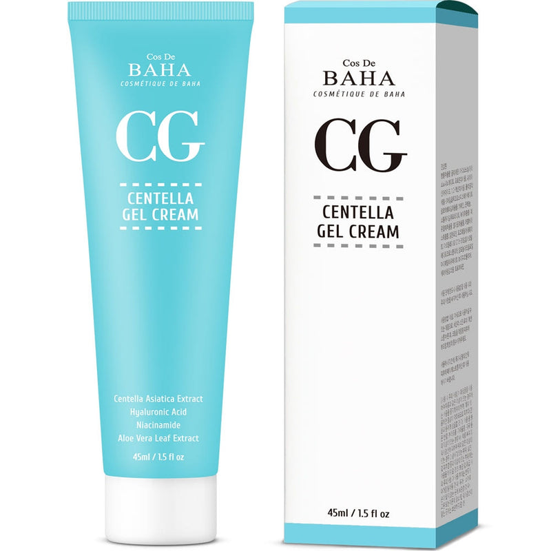 ProtoClinical k-beauty Cos De BAHA CG Centella Gel Cream 45ml single upright teal gel cream tube centered on a pale aqua and peach background
