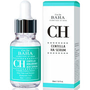 ProtoClinical k-beauty Cos De BAHA CH Centella Hyaluronic Acid Serum 30ml single upright serum bottle centered on a pale pink and aqua background