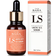 ProtoClinical k-beauty Cos De BAHA LS Lactic Acid 12.5% Face Peel Serum with HA 30ml single upright rose-brown serum bottle centered on a pale pink and aqua background