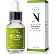 ProtoClinical k-beauty Cos De BAHA N Niacinamide 10% + Zinc 1% Serum 30ml single upright olive serum bottle centered on a pale cream and green background