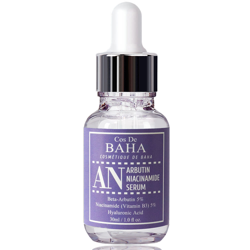 ProtoClinical k-beauty Cos De BAHA AN Arbutin 5% Serum with Niacinamide 5% 30ml single lavender serum bottle centered on a white background