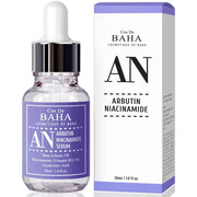 ProtoClinical k-beauty Cos De BAHA AN Arbutin 5% Serum with Niacinamide 5% 30ml lavender serum bottle with matching box side by side on a white background