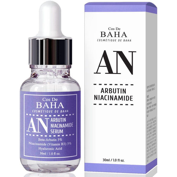 ProtoClinical k-beauty Cos De BAHA AN Arbutin 5% Serum with Niacinamide 5% 30ml lavender serum bottle with matching box side by side on a white background