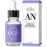 ProtoClinical k-beauty Cos De BAHA AN Arbutin 5% Serum with Niacinamide 5% 30ml lavender serum bottle with matching box side by side on a white background